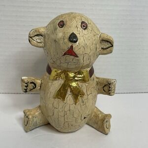 Primitive Carved Wood Bear Hand-Painted Crackle Surface, Decorative Bow Folk Art